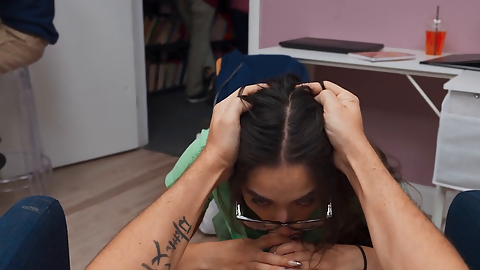 Horny petite cashier sucks and rides security buddy fat cock