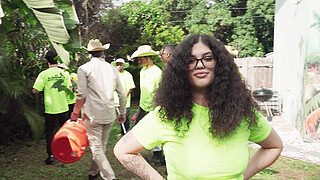 Cute girl with curly hair seduces the yard worker for sex