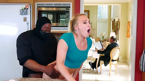 Blonde MILF fucked by black burglar behind husband's back