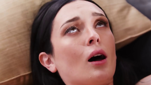 Tatted brunette in lingerie gets tongue and cock on the couch